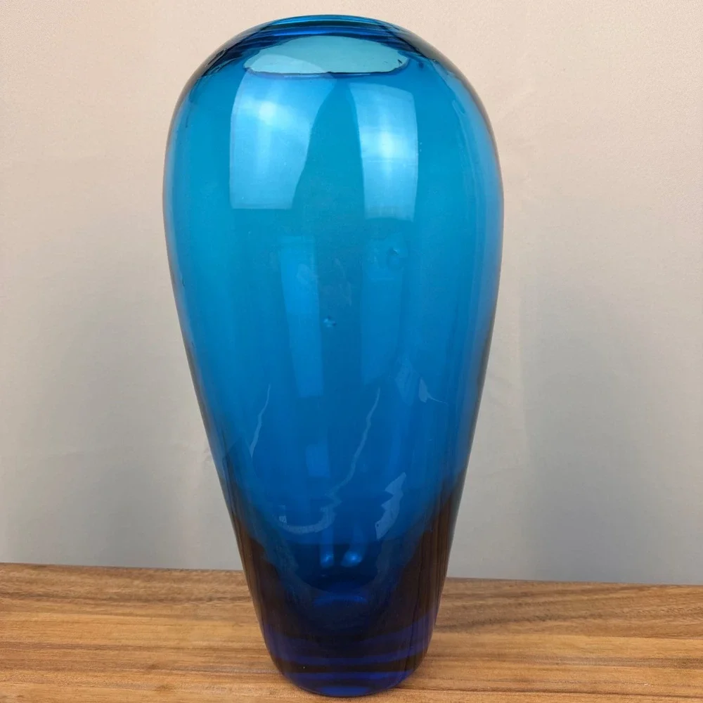 Vintage Hand Blown Blue Glass Vase Large Tapered Ovoid Decorative Vessel 12.5in